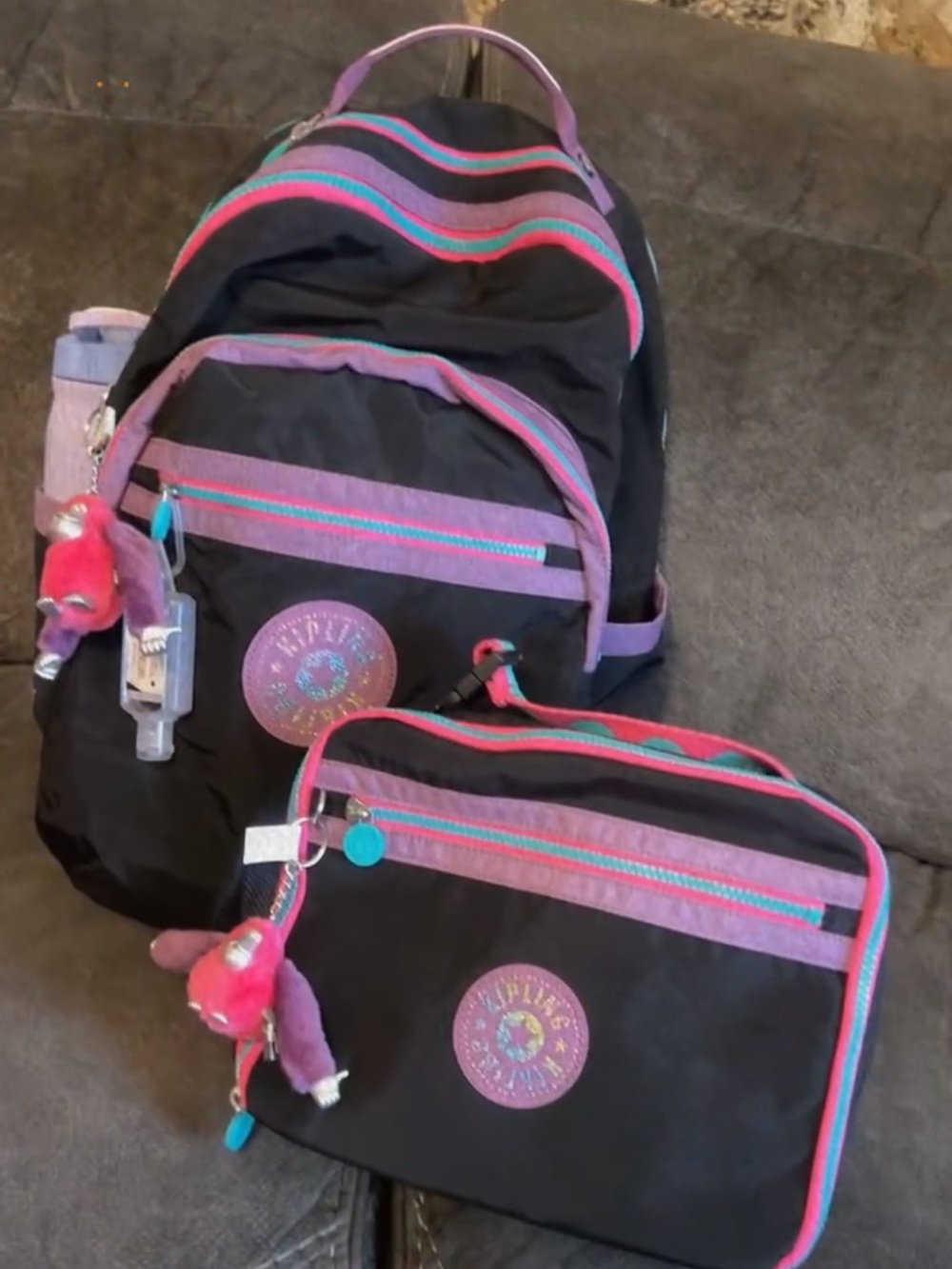 Black Backpack and Lunch Bag Set with Pink & Teal Accents